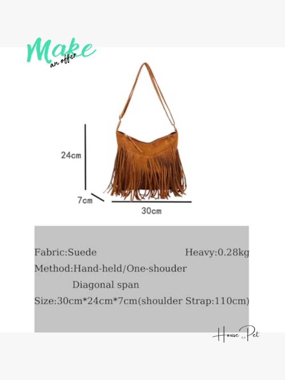 Vintage Vegan Suede Fringe Hobo Bag Crossbody Adjustable Strap Tassel Purse - Picture 4 of 7